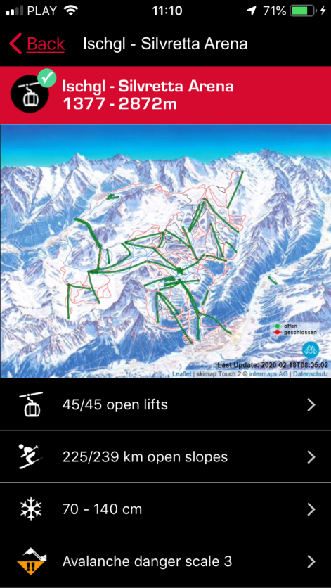 Ekran z mapą tras Silvretta Areny w aplikacji iSki Ischgl (zrzut z ekranu iPhone'a)